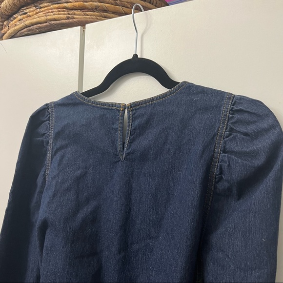 Dark Wash Denim Puff-Sleeve Long Belted Contrast Stitching Shirt Top Blouse Sz M - Picture 4 of 14